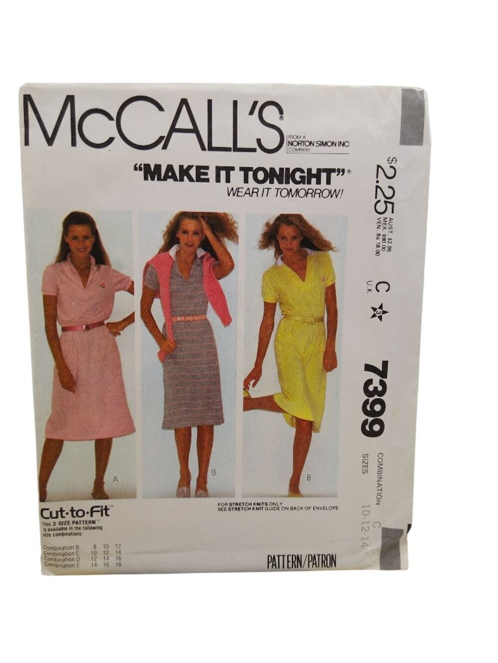 UNCUT Vintage Sewing PATTERN McCalls 7399, Misses Dress 1981 for Stretch Knits